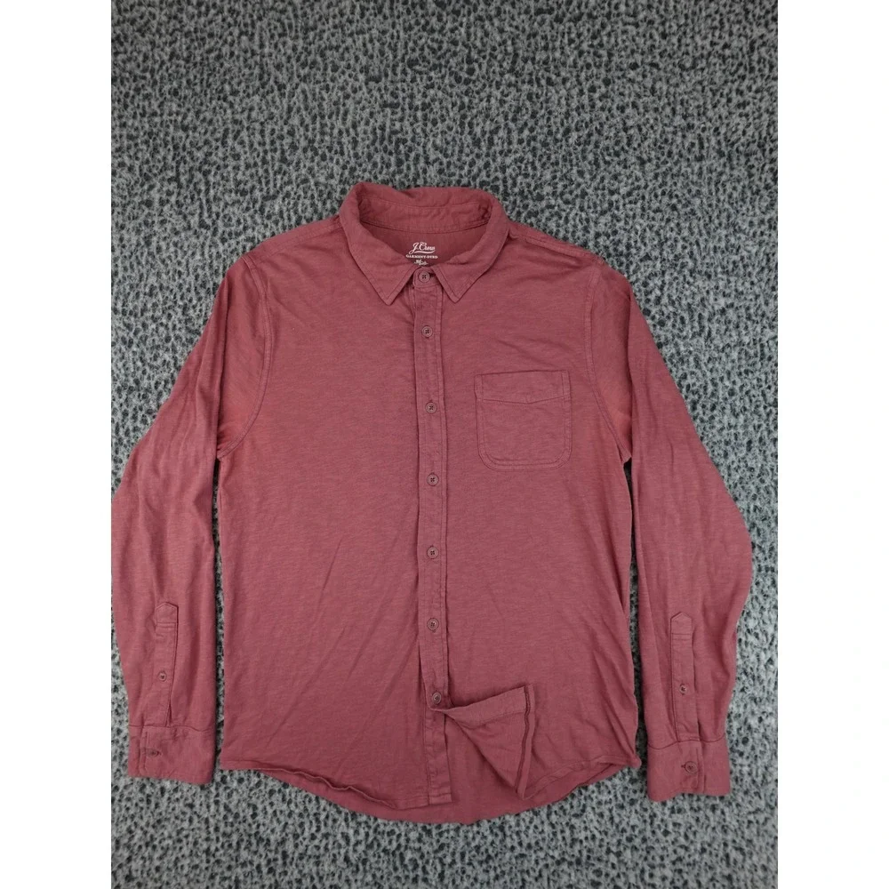 J. Crew Knit Button Down Mens Medium Red Garment Dyed Slub Cotton LS Shirt